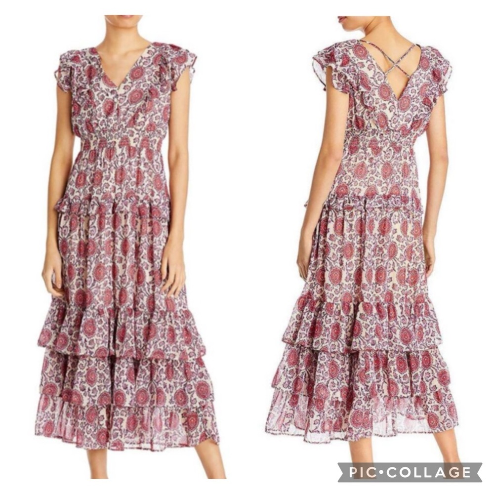 Aqua metallic ruffle tiered romantic midi dress size small